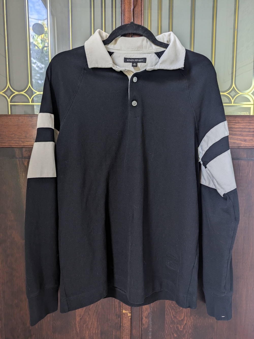Banana Republic Men’s Black Polo with Cream Collar and Sleeve Stripes